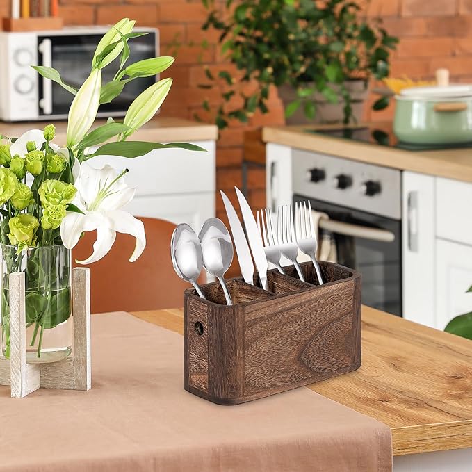 VIVIRBIEN Wooden Silverware Holder for Countertop, Kitchen Utensil Caddy with 3 Compartments, Cutlery Storage Organizer Countertop, Flatware Organizer for Party, Spoon, Fork Holder