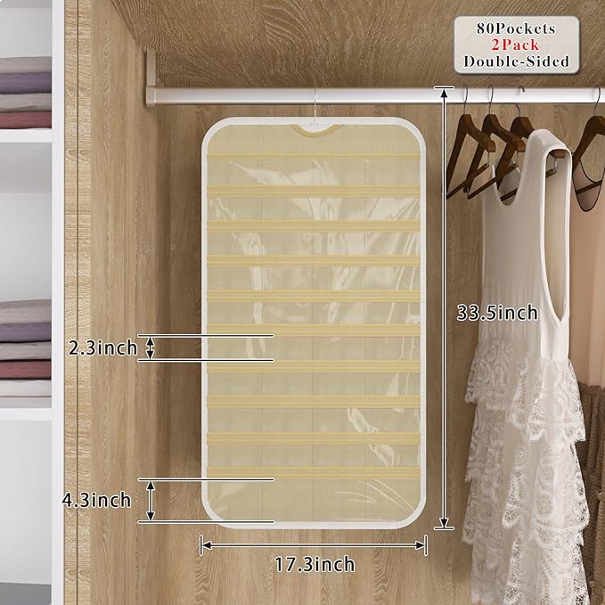 2 Pack Hanging Jewelry Organizer 80-Pocket Dual-sided Jewelry Storage for Earring Necklace Bracelet Ring Travel Holder, White and Beige