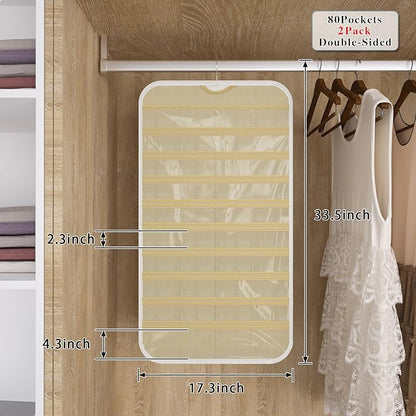 2 Pack Hanging Jewelry Organizer 80-Pocket Dual-sided Jewelry Storage for Earring Necklace Bracelet Ring Travel Holder, White and Beige