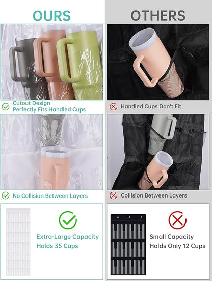 NiHome 35-Pocket Large Capacity Door Cup Organizer Fit for Stanley Tumblers 30oz, 40oz, Door Hanging Water Bottle Storage, Double-Sided Tape Stabilizer, Waterproof Oxford Fabric, Transparent (White)