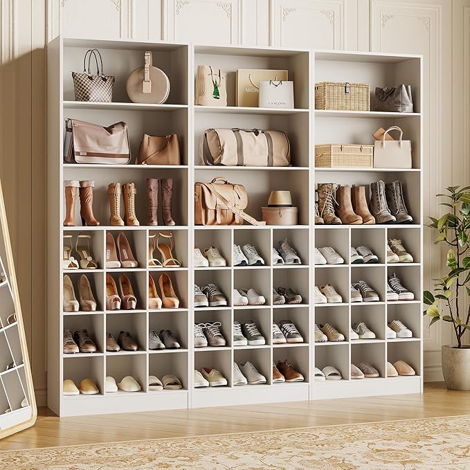 LITTLE TREE Tall Shoe Cabinet, Free Standing 24-Pair Organizer, 7-Tier Shelf + Side Hooks, Space-Saving Storage for Entryway, Hallway, for Shoes, Boots & Accessories, (2, White)