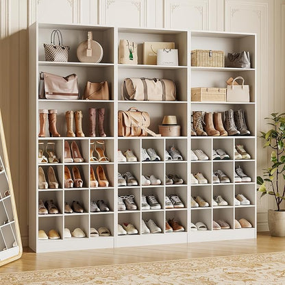 LITTLE TREE Tall Shoe Cabinet Storage, 7-Tier Wood Shoe Rack Organizer, Freestanding 24-Pairs Shoe Shelf for Entryway, Living Room, with 3 Adjustable Side Hooks (White)