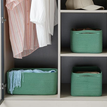 3-Pack Storage Baskets for Organizing | Woven Shelf Toy Basket | Rope Baskets for Gifts Empty | Closet Organizer Bins with Handles | Cube Decorative Box | 13.7×7.1×6.7” | Dark Green