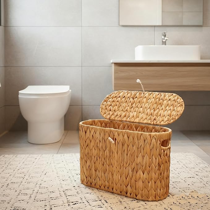 PINXIURY Water Hyacinth Toilet Paper Storage Basket, Bathroom Toilet Organizer with Lid, Woven Toilet Paper Holder for 6 Mega Rolls Bathroom Storage, Magazine Holder for Office, Bedroom