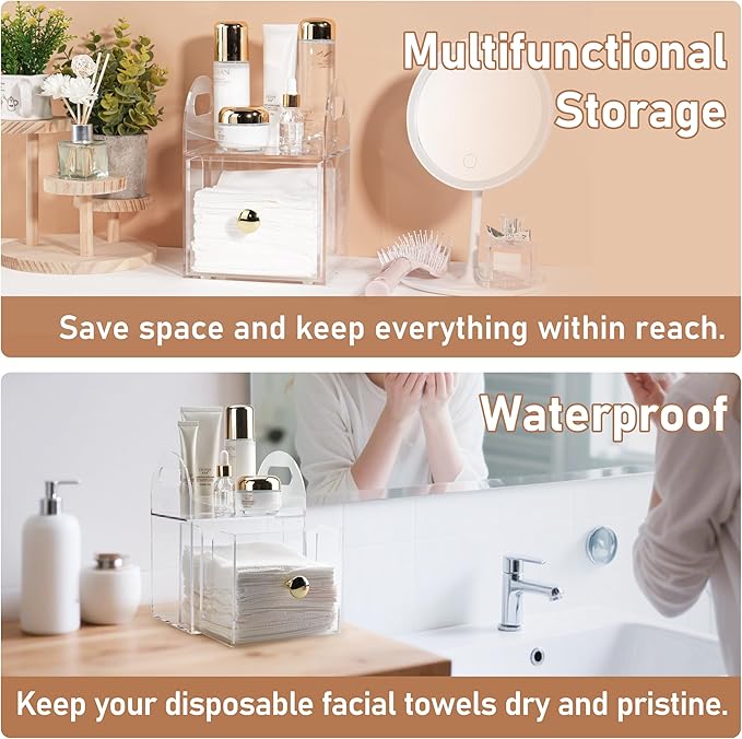 Acrylic Disposable Face Towel Storage Box Compatible with Clean Skin Club Clean Towels XL, Face Towel Holder with Drawer for Bathroom, Makeup Organizer for Vanity Table (Excluding Facial Towels)