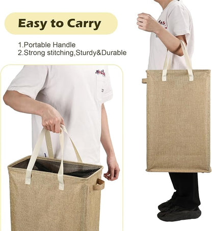Odonata Slim Laundry Hamper Handles Collapsible Laundry Basket Thin Dirty Clothes Basket Narrow Laundry Bag Foldable Dirty Hamper 45L (Light Khaki)