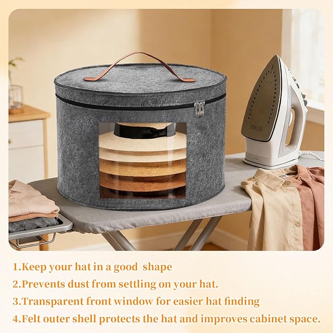 Hat Boxes for Women/Men Storage, 16" D x 10" H, Round Hats Storage Box Container for Closet, Clothes Storage Bin for Stuffed Animal Toy, Foldable Caps Organizer for Travel with Dustproof Lid (Grey)
