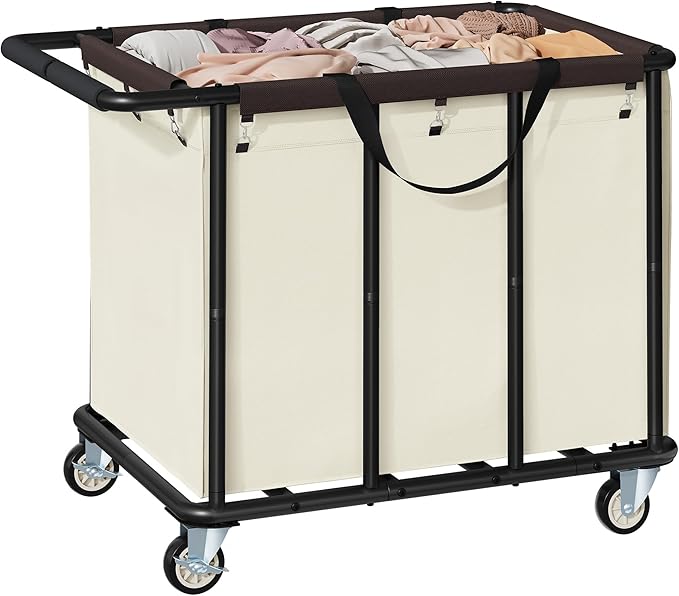 FAVOOSTY 470L Heavy Duty Commercial Laundry Cart with Wheels,Industrial Rolling Laundry Hamper, Extra Large Laundry Basket, Metal Frame for Hotel/Hospital/Home, 440lbs (Beige)