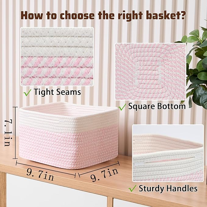 MiniArk Small Organizing Baskets for Cubes Shelf, 9.7x9.7x7.1 Inch Rope Woven Storage Bins for Nursery Shelves Storage, Cute Toy Basket, Square 3 Packs Off White Pink