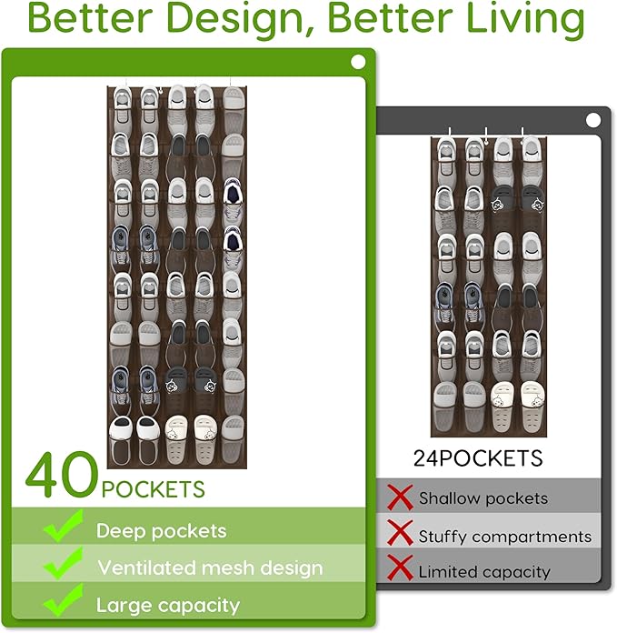 Over the Door Shoe Organizer with 40 Large Breathable Mesh Pockets, Space Saving Shoe Holder, Hanging Shoe Rack for Entryway Bedroom Closet Storage (Brown, 40 Pockets)