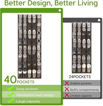 Over the Door Shoe Organizer with 40 Large Breathable Mesh Pockets, Space Saving Shoe Holder, Hanging Shoe Rack for Entryway Bedroom Closet Storage (Brown, 40 Pockets)
