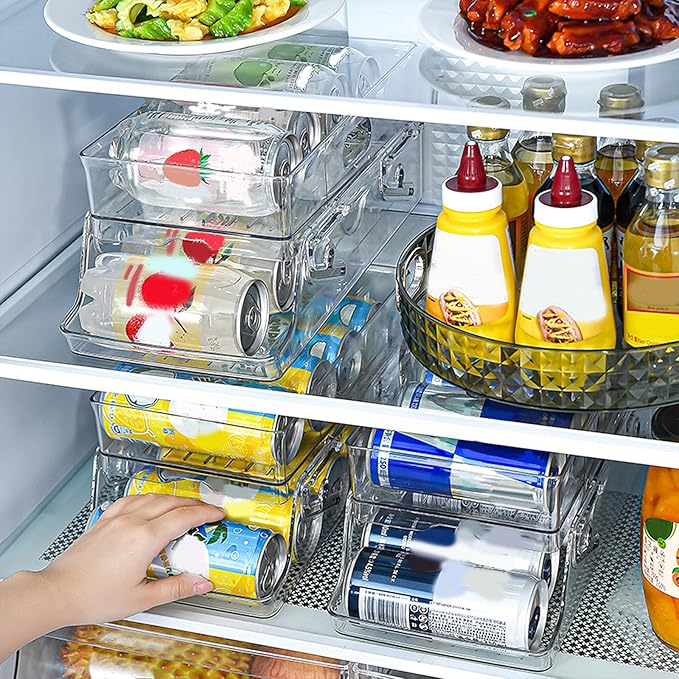 Soda Can Organizer for Refrigerator, 2 Tier Automatic Loading Drink Organizer for Fridge with Portable Handle for Kitchen Drink Pantry, Can Organizer for Refrigerator