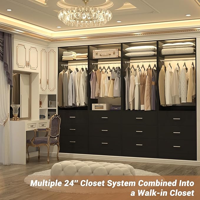 Besiost Closet System Set of 4, 8FT Closet Systems with 12 Wood Drawers, 96" Closet Organizer System with 4 Hanging Rods & 4 Shelves, Heavy Duty 96 Inch Walk-in Closet, Black (96"L x 15" W x 80" H)