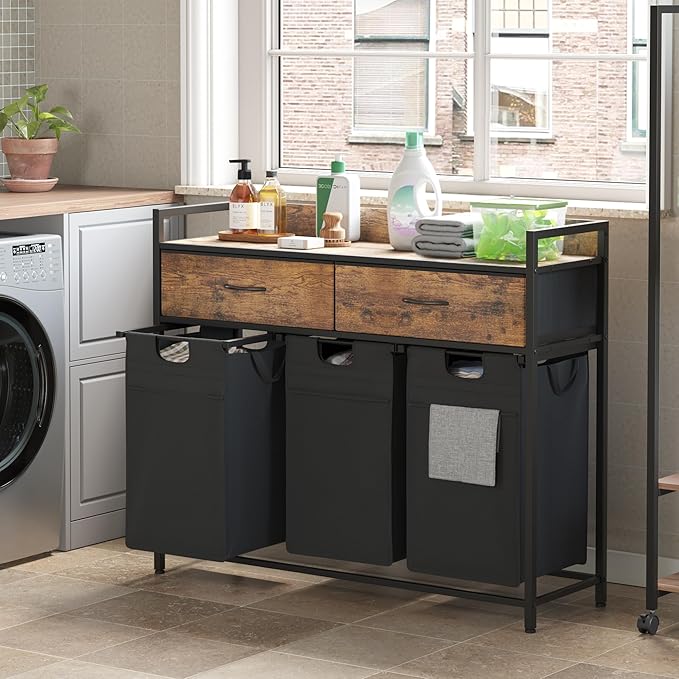 Mondeer Laundry Sorter with 2 Drawers, 150L with Pull-Out Removable Laundry Bags, Laundry Hamper Baskets with 3 Section and Wheels, Rustic Brown and Black