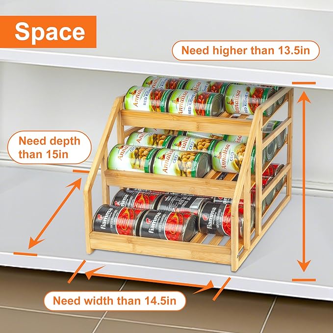 MinBoo Bamboo Can Rack Organizer, Kitchen Pantry Storage, 36 Can Capacity, Tilt Design