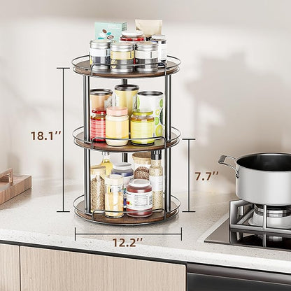 LAMU 12'' Wood Lazy Susan Turntable Organizer for Cabinet, 3 Tier Lazy Susan Spice Rack Organizer for Kitchen, Wood Cake Turntable for Cupcake Stand, Table Top, Countertop, Pantry, Bathroom