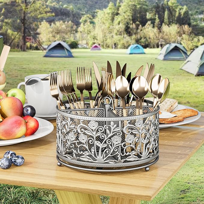 YIUKEA 360° Rotating Utensil Caddy - Silverware Cutlery Caddy Holder with 4 Compartment, Metal Flatware Organizer Countertop with Handle for Party Camping Picnic, Kitchen Counter, Office (Silver)