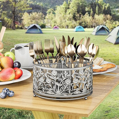 YIUKEA 360° Rotating Utensil Caddy - Silverware Cutlery Caddy Holder with 4 Compartment, Metal Flatware Organizer Countertop with Handle for Party Camping Picnic, Kitchen Counter, Office (Silver)