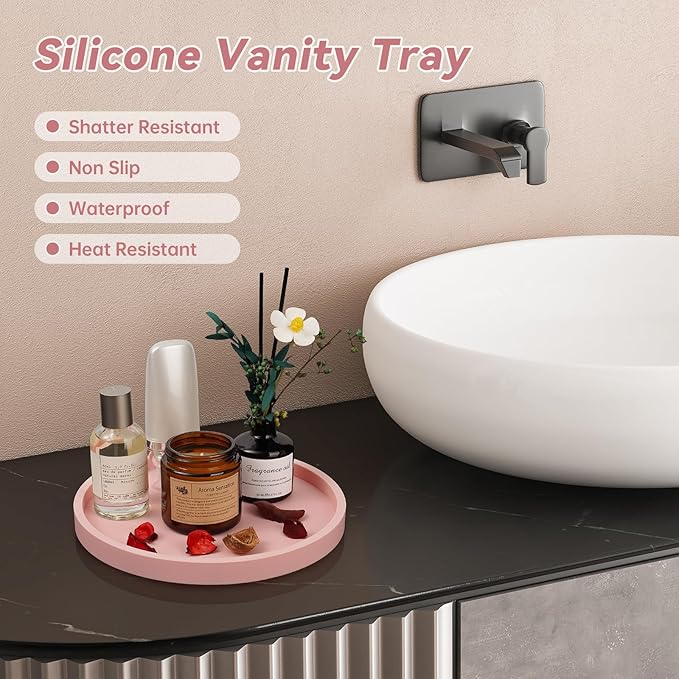 NiHome Thickened Silicone Vanity Organizer Tray for Bathroom Accessories, Kitchen Countertop, Living Room Decor, Multipurpose Shatter-Resistant Round Tray Decor for Candle, Perfume, Soap, Plant (Pink)