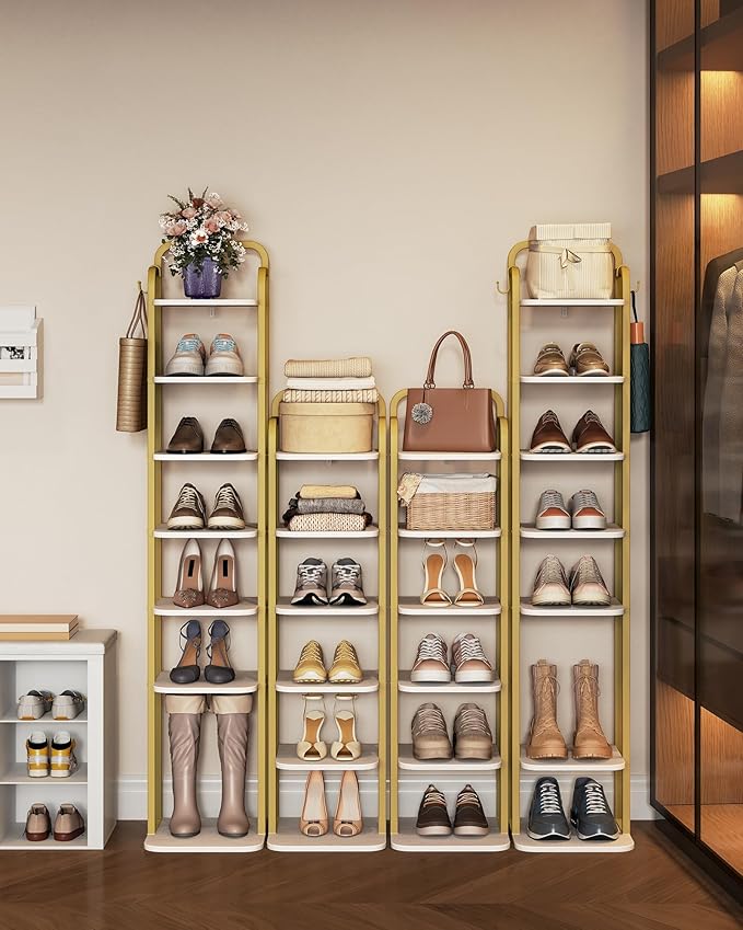 Hzuaneri 8 Tiers Vertical Shoe Rack, Narrow Shoe Tower, Tall Shoes Shelf with 2 Hooks, Adjustable Shelves, Corner Shoes Shelves for Small Spaces, Entryway, Living Room, White Gold SR04313A