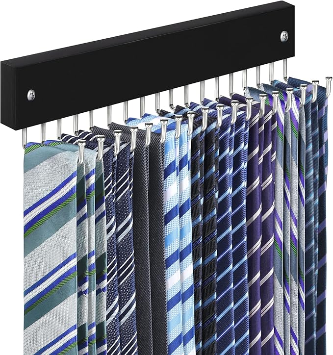 Tie Rack Belt Hanger Wall Mounted, Lomrsiul Non Slip 180 Degree Rotating Tie Organizer for Men Closet with 18 Hooks Closet Organizers and Storage for Tie Belt Necklace Purse Scarf Bag Black 1 Pack