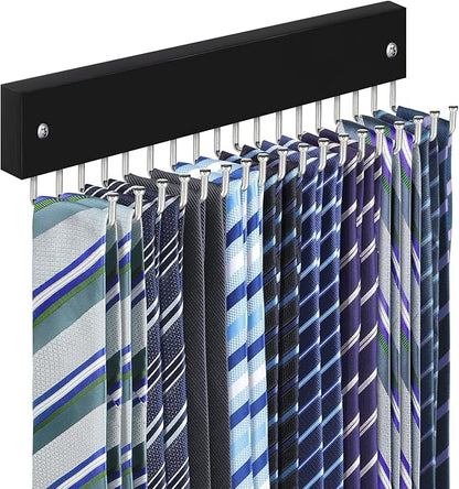 Tie Rack Belt Hanger Wall Mounted, Lomrsiul Non Slip 180 Degree Rotating Tie Organizer for Men Closet with 18 Hooks Closet Organizers and Storage for Tie Belt Necklace Purse Scarf Bag Black 1 Pack