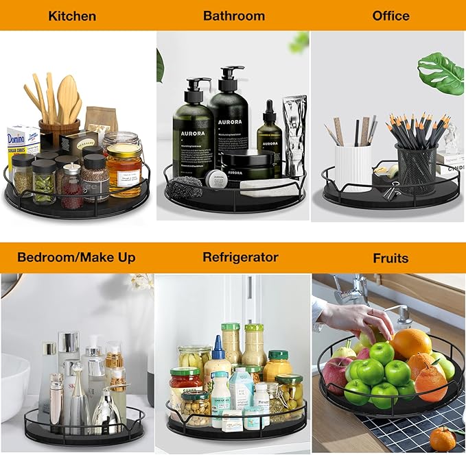 Lazy Susan Turntable Organizer with Anti-Slip Mat for Cabinet Pantry Kitchen Countertop Refrigerator Office, Pine Wood, 10", Black