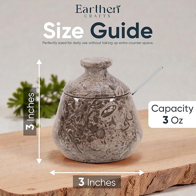 Marble Salt Cellar with Lid and Spoon 3" Inches Oceanic Salt Box, Natural Stone Salt Holder for Kitchen Counter, Salt Container, Sugar Container, 3 OZ Capacity
