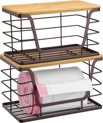 ALOCEO 2 Pack Stackable Wire Storage Basket with Bamboo Lip, Trash Bag Dispenser Under Sink for 4-13 Gal Bags, Kitchen Storage Bins for Potato and Onion, Brown