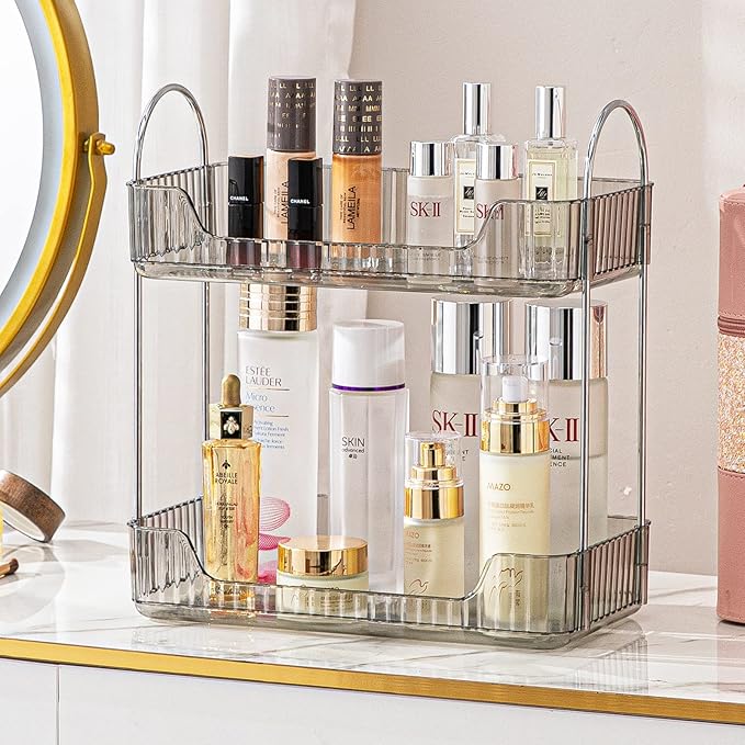 shuang qing 2 Tier Bathroom Counter Organizer Countertop Storage, Cosmetics Skincare Shelf Organizer, Makeup Organizer Perfume for Dresser Vanity Tray, Spice Rack Organizer for Kitchen (Grey)