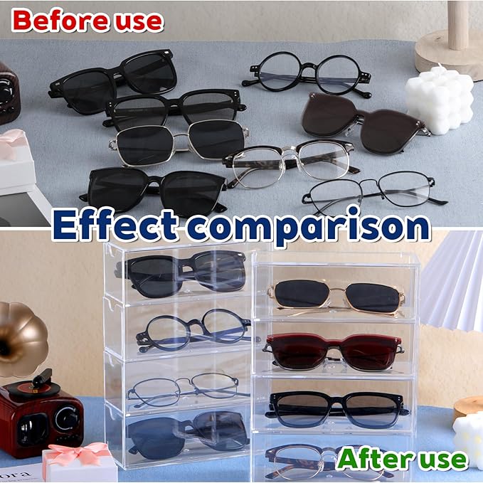 2PCS Sunglass Organizer for Multiple Pairs Clear Acrylic Organizer, 9.65 * 6.89 * 2.56 Inch Plastic Stackable Eyeglass Case Storage Organizers with 4 Drawers for Glasses Jewelry Watch Storage