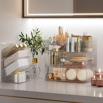 Makeup Organizer with Brush Holder Plastic Makeup Drawers For Vanity Clear Stackable Storage Case Makeup Organizer For Skincare, Brushes, Lipstick, Nail Polishes, Perfumes, Eyeshadow Palettes