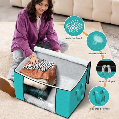 Fab totes 24 Gallons Clothes Storage, Foldable Thick Fabric Blanket Storage Bags, Containers for Organizing Bedroom, Closet, Clothing, Comforter, Organization with Handle (8 Pack,Green)