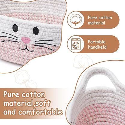 STOBSK Small Woven Baskets for Organizing with Handle Cute Cotton Basket for Nursery Gift Dog Cat Toy Storage Basket for Toy Organizer-Pink