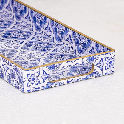 MAONAME Blue Vanity Tray Set of 2, Plastic Decorative Trays with Handles, Small Moroccan Bathroom Trays for Toilet Tank, Dresser Counter, 13.8" X 6" X 1.57"