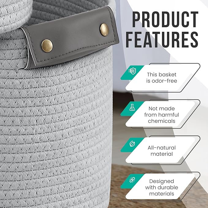 3 Pack Cotton Rope Storage Basket Woven Shelf Storage Bin with Faux Leather Handles, Decorative Closet Shelf Woven Basket for Storage Organizers, 15 x 10 x 9, Gray