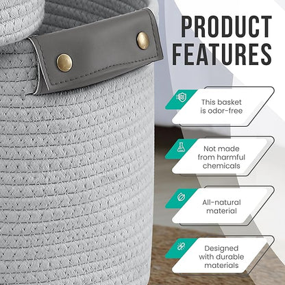 3 Pack Cotton Rope Storage Basket Woven Shelf Storage Bin with Faux Leather Handles, Decorative Closet Shelf Woven Basket for Storage Organizers, 15 x 10 x 9, Gray