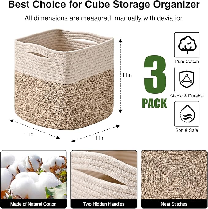 ICERZCZ 11 Inch Cube Storage Bins, Organizer Woven Cotton Rope Square Baskets for Organizing Shelves, Toys, Nursery, Off White & Brown (Pack of 3)