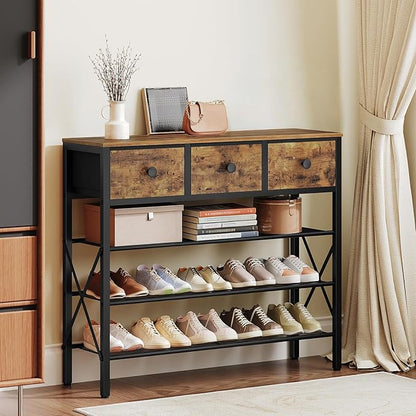 YATINEY 4-Tier Shoe Rack with 3 Drawers, Metal Shoe Organizer for 15 Pairs with Storage Shelves and Wooden Top, for Entryway, Hallway, Foyer, Closet, Rustic Brown and Black SS34BR