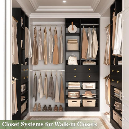 Besiost Closet System, 4.2–8.8 FT Closet Organizer with 2 Wooden Drawers and Shelves, Walk-in Closet System with 5 Hang Rods, Built-in Reach in Closet Tower, Can Fit 60 to 96 inch, Black