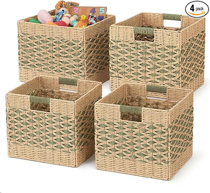 12x12 Cube Storage Bins 4-Pack - Foldable Paper Rope Organizer Baskets for 13-Inch Shelves, Heavy Duty 15-Lb Capacity for Nursery Toys & Closet