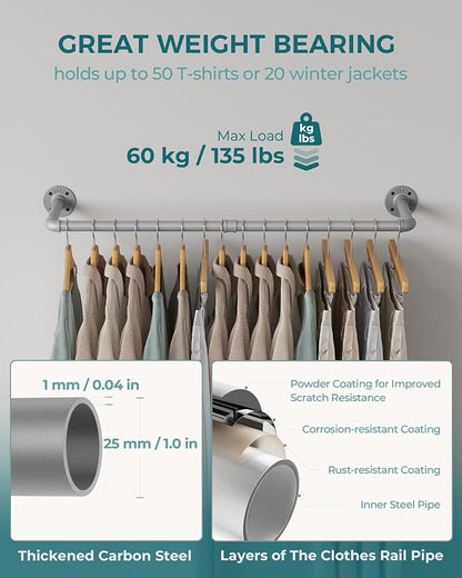 OROPY Industrial Pipe Clothes Rack Wall Mounted Set of 2, 38.4 inches Heavy Duty Iron Pipe Clothing Garment Rail, Multi-Purpose Clothing Hanging Rod for Laundry Room and Closet Storage, Silver Gray