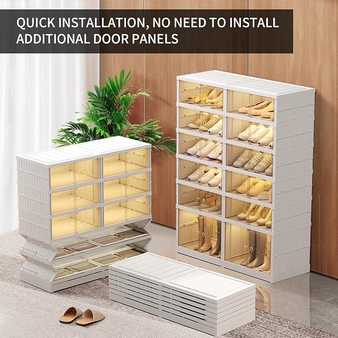 CIMLORD 6-Tier Foldable Shoe Rack Organizer for Closet 24Pairs Plastic Shoe Shelf Collapsible Shoes Storage Box Clear Shoe Boxes Stackable with Door Easy Assembly Shoe Cabinet with Lids Large