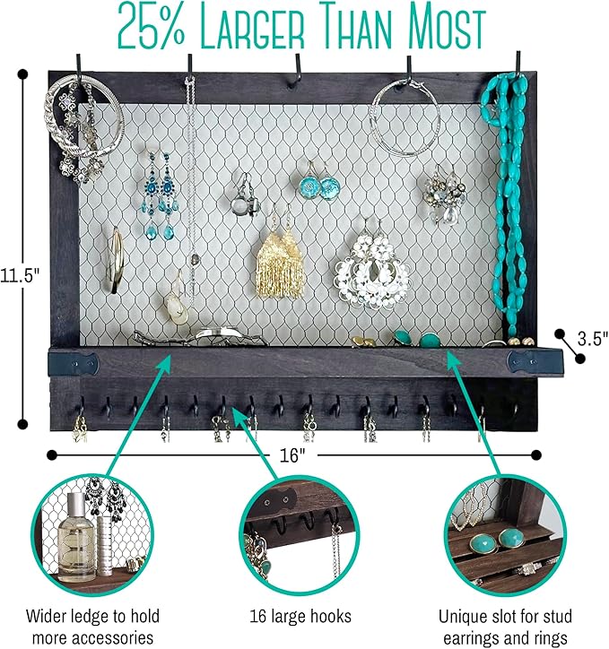 OUTSHINE Large Farmhouse Wall Jewelry Organizer (Espresso) | Wall Organizer For Earrings, Necklace, Bracelet, Hair Accessories | Chicken Wire Earring Holder | For Women, Wife, Mom, Girlfriend