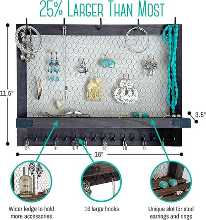 OUTSHINE Large Farmhouse Wall Jewelry Organizer (Espresso) | Wall Organizer For Earrings, Necklace, Bracelet, Hair Accessories | Chicken Wire Earring Holder | For Women, Wife, Mom, Girlfriend