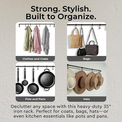 Wall Mounted Hat Display Rack, 35 inch Iron Rod with 6 Clips, Handcrafted, Antique Black
