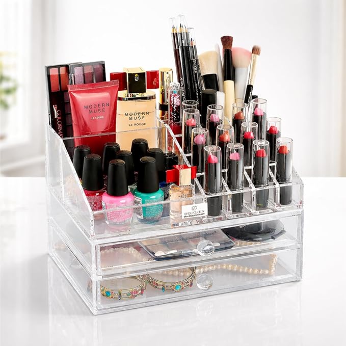 Decozen Makeup Organizer - Vanity Storage with Multiple Compartments and Drawers for Brushes, Lipsticks, Jewelry, Perfect for makeup organizer countertop, makeup holders and organizers, Gift for Mom