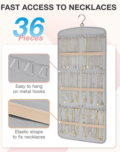 BAGSMART Hanging Jewelry Organizer, Necklace Holder Anti-tangle Earrings Rings Hanger with 20 Jewelry Bags Travel Storage Roll with Pockets Hang on Closet, Wall, Door,1 Piece, Large Grey