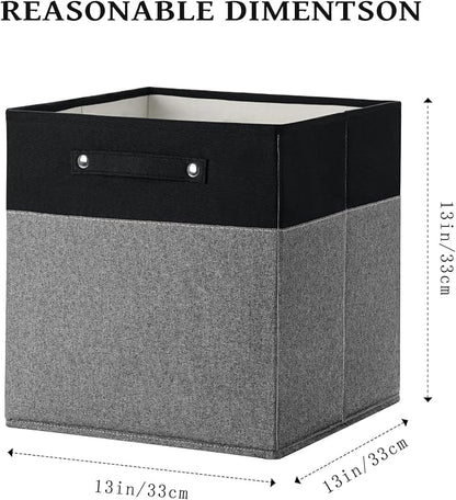 FinishingBo 13 x 13 Inch Fine Linen Storage Bins with Handles，Fabric Cube Boxs，Basket Organizers for Shelves for Home, Closet Drawers (Black/Gray-6 Pack)