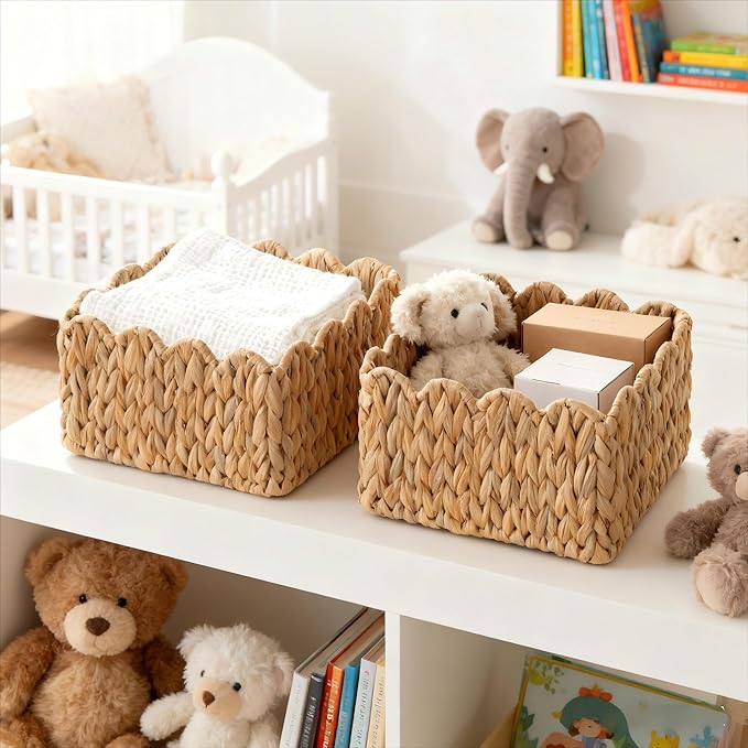 Scalloped Basket, Wicker Storage Baskets, Hand Woven Baskets for Shelves,Natural Baskets for Organizing (Water Hyacinth(S-9.5" L x 9.5" W x 5.5" H))